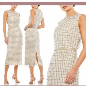 New With Flaws Mac Duggal Sleeveless High Neck Beaded Midi Sheath Dress 16 $598